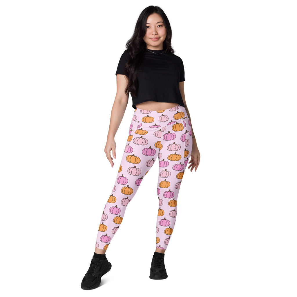 Women’s Pink & Orange Pumpkin Patch Yoga Leggings With Pockets – High-Waisted, Soft Compression Active Pants