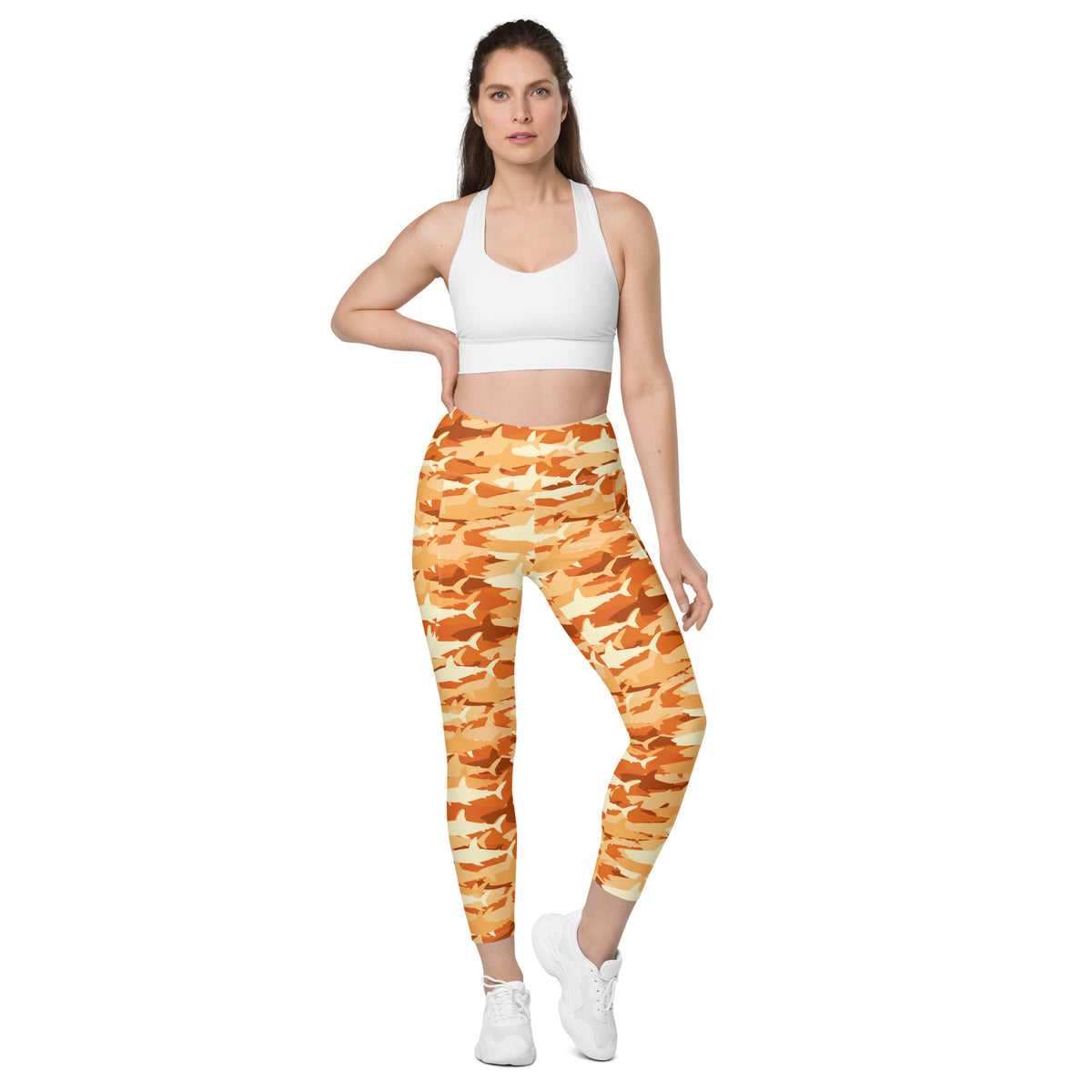 Women’s Orange Shark Camouflage Yoga Leggings With Pockets – High-Waisted, Soft Compression Active Pants