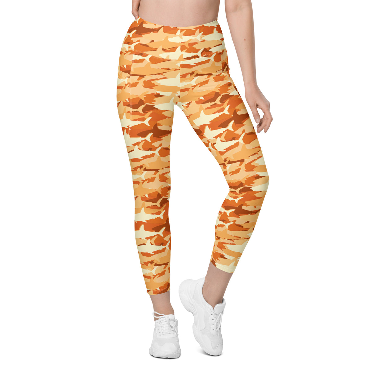 Women’s Orange Shark Camouflage Yoga Leggings With Pockets – High-Waisted, Soft Compression Active Pants