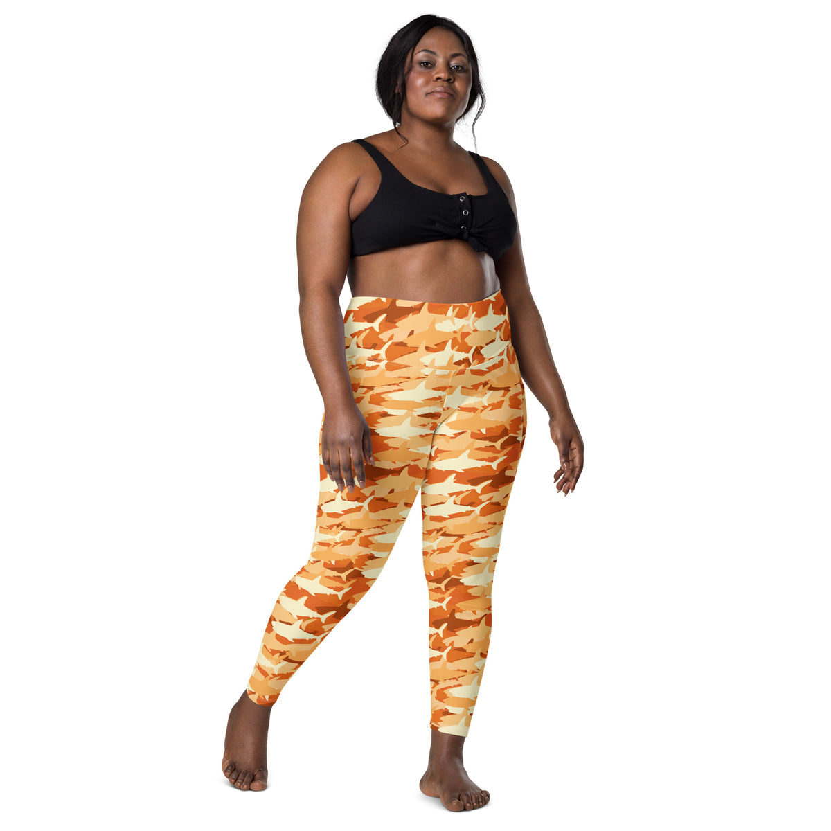 Women’s Orange Shark Camouflage Yoga Leggings With Pockets – High-Waisted, Soft Compression Active Pants