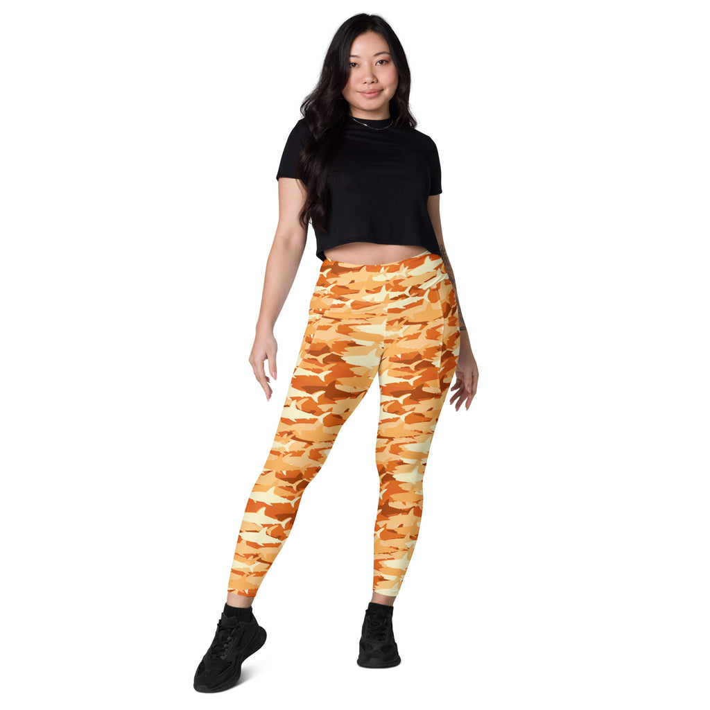 Women’s Orange Shark Camouflage Yoga Leggings With Pockets – High-Waisted, Soft Compression Active Pants