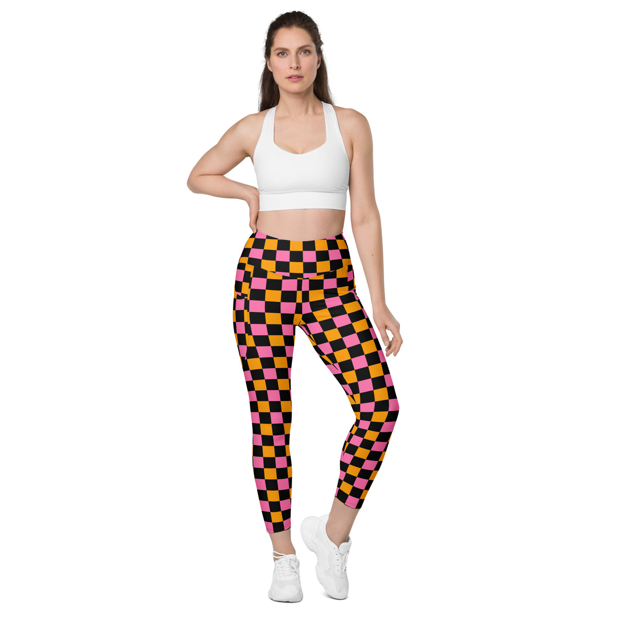 Women’s Pink Orange & Black Checkered Halloween Yoga Leggings With Pockets – High-Waisted, Soft Compression Active Pants