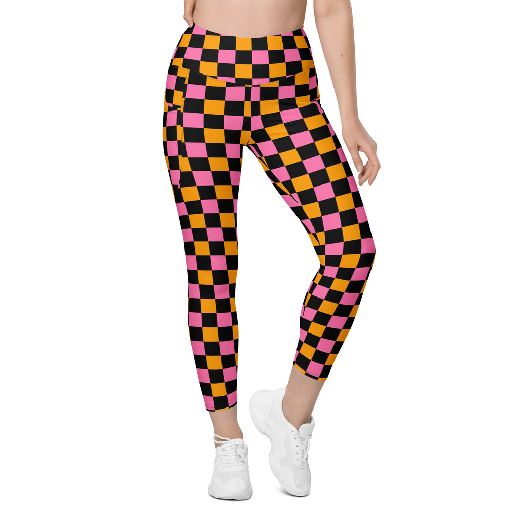 Women’s Pink Orange & Black Checkered Halloween Yoga Leggings With Pockets – High-Waisted, Soft Compression Active Pants