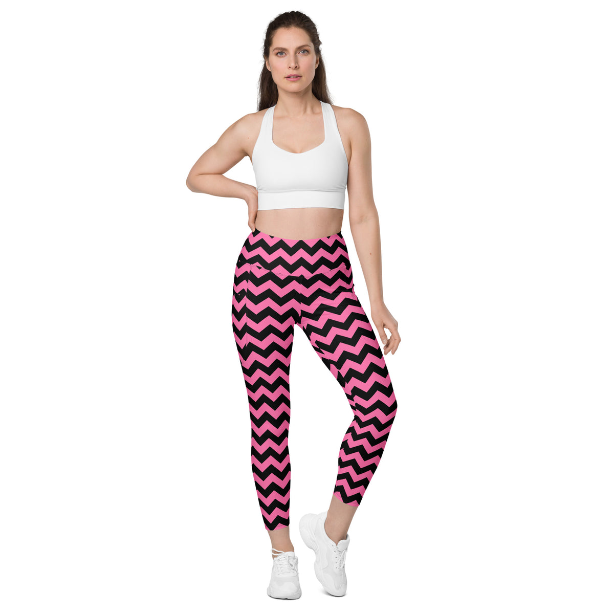 Women’s Pink Chevron Halloween Yoga Leggings With Pockets – High-Waisted, Soft Compression Active Pants