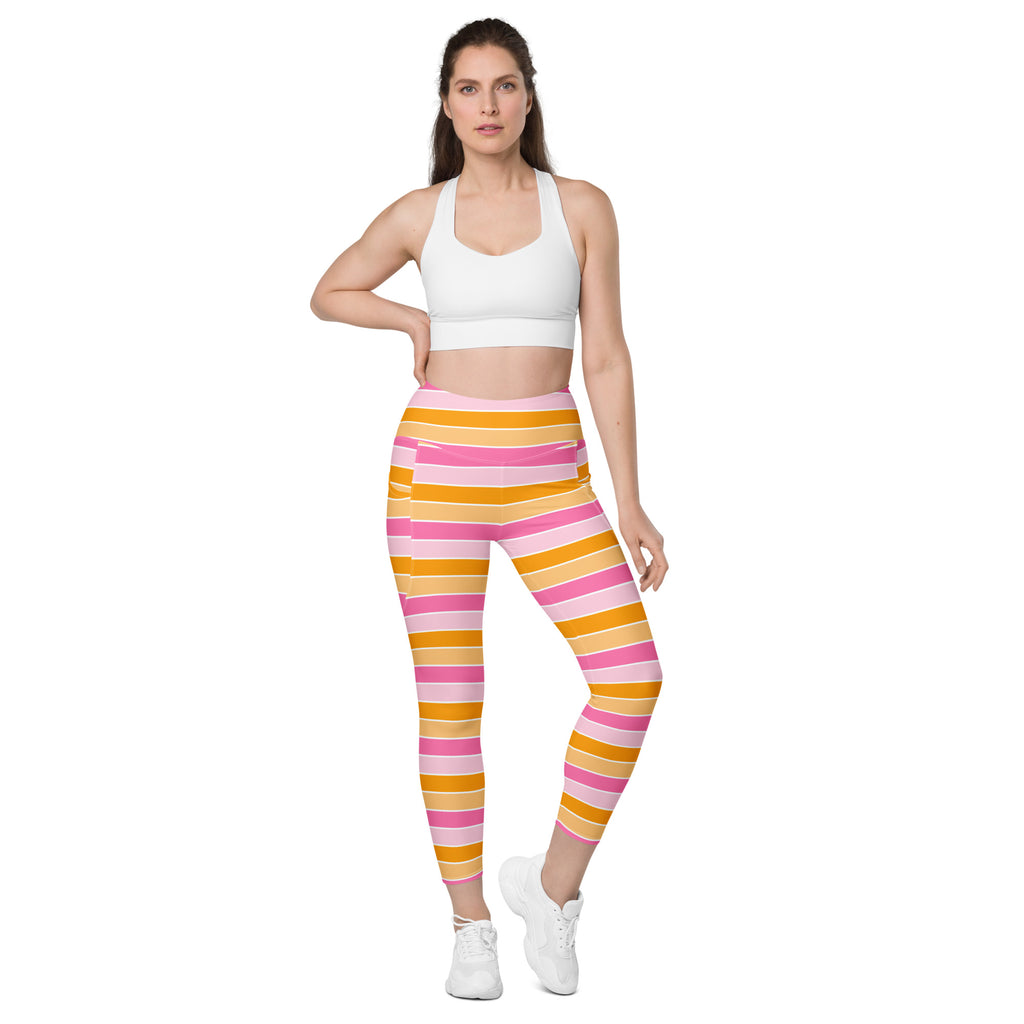 Women’s Pink & Orange Striped Candy Cane Yoga Leggings With Pockets – High-Waisted, Soft Compression Active Pants