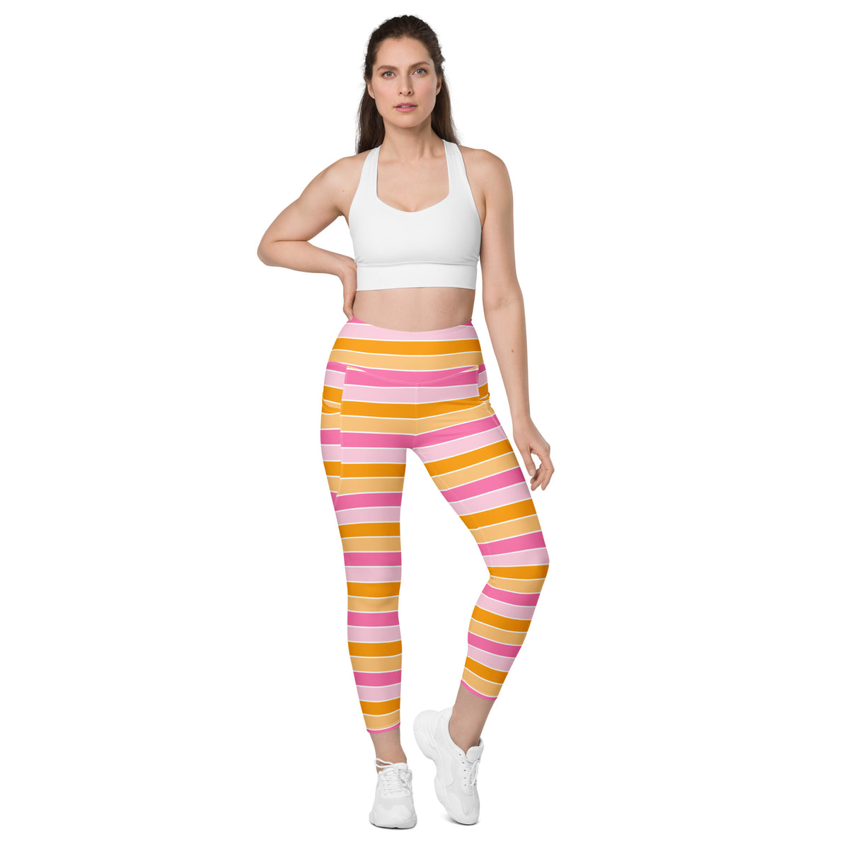 Women’s Pink & Orange Striped Candy Cane Yoga Leggings With Pockets – High-Waisted, Soft Compression Active Pants