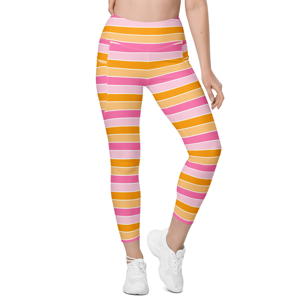 Women’s Pink & Orange Striped Candy Cane Yoga Leggings With Pockets – High-Waisted, Soft Compression Active Pants