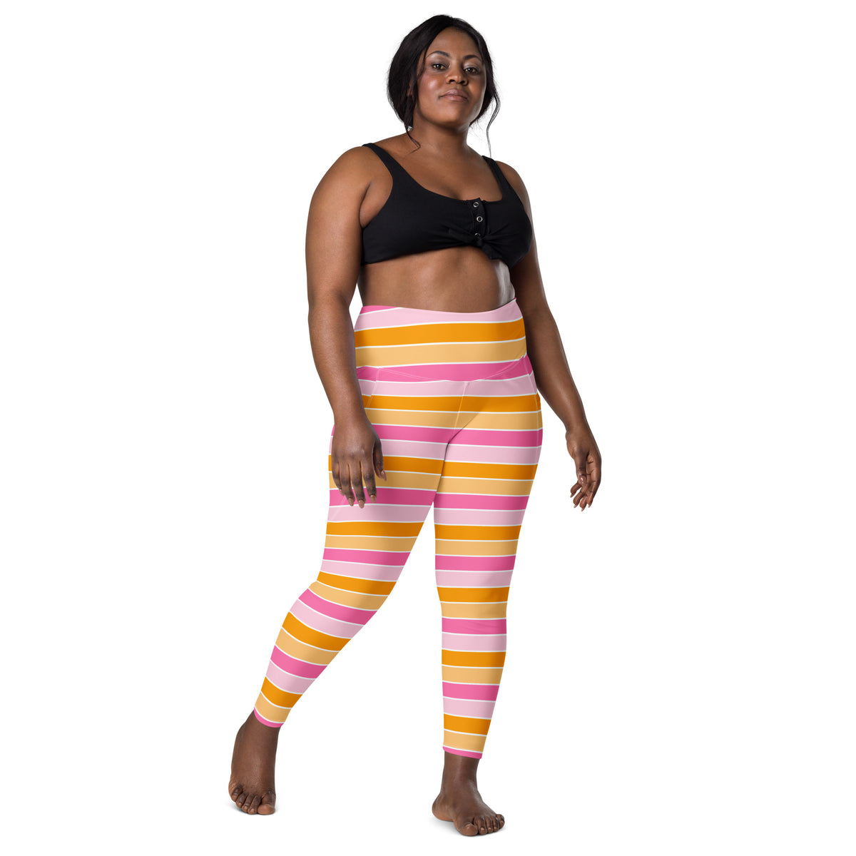 Women’s Pink & Orange Striped Candy Cane Yoga Leggings With Pockets – High-Waisted, Soft Compression Active Pants