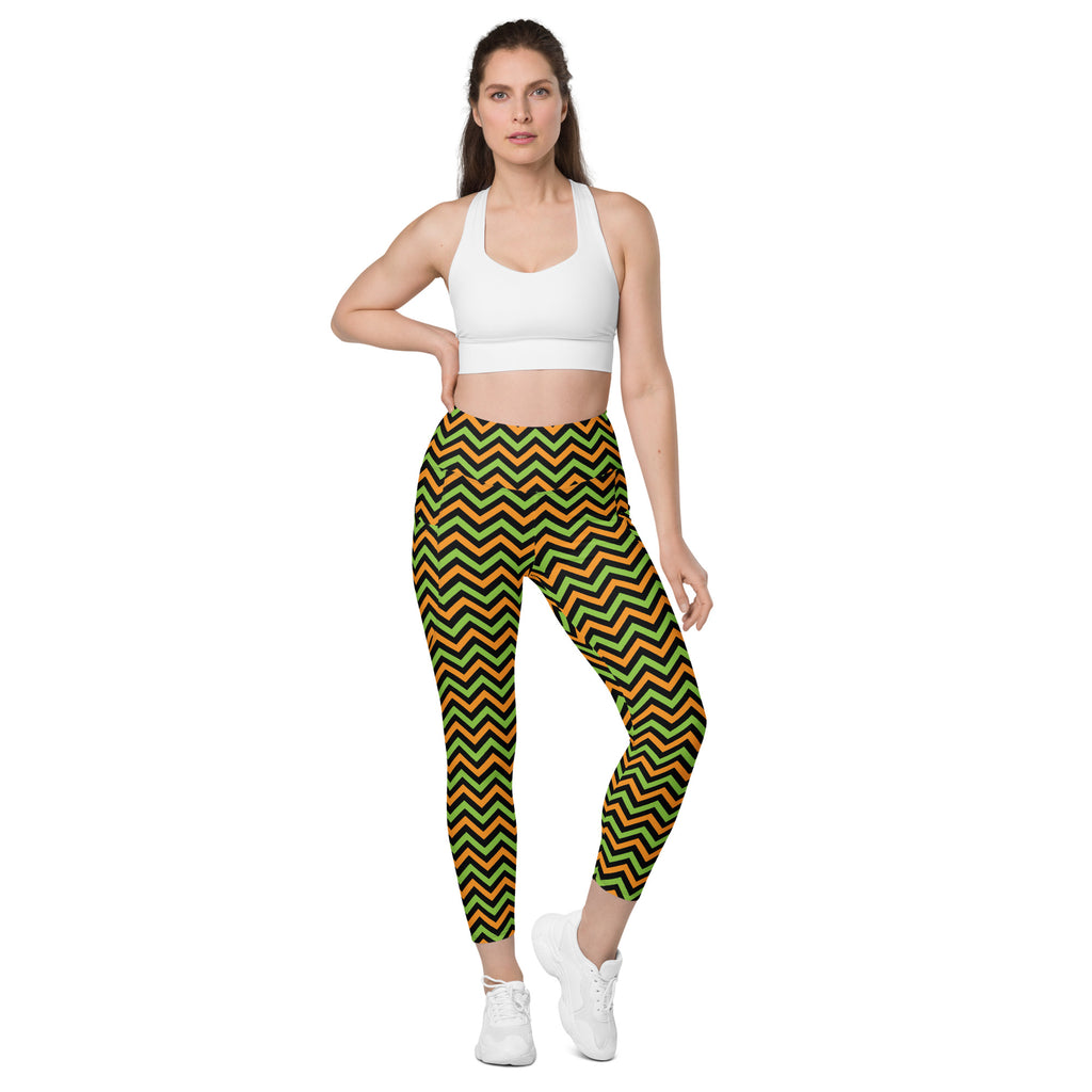 Women’s Orange Green & Black Chevron Halloween Yoga Leggings With Pockets – High-Waisted, Soft Compression Active Pants