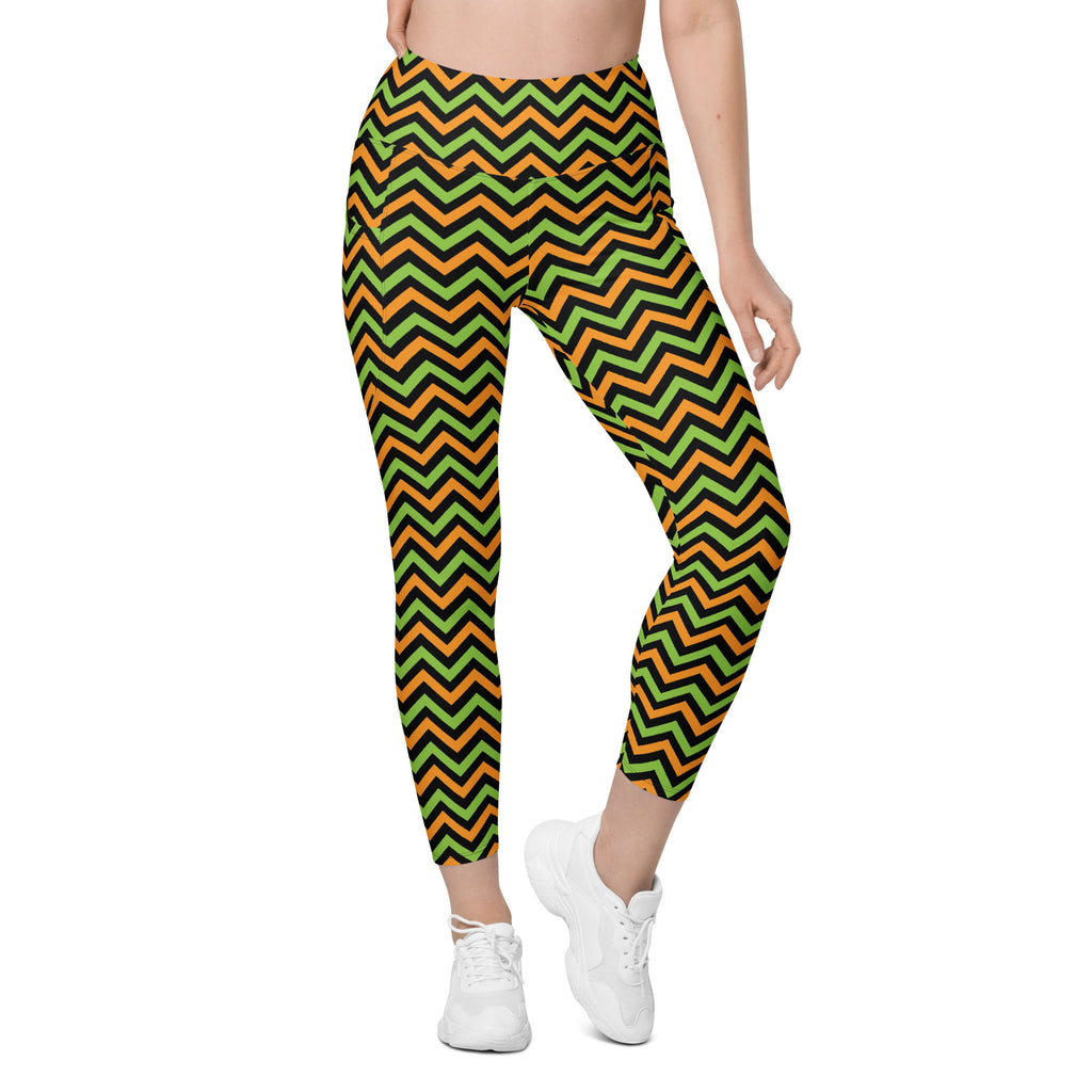 Women’s Orange Green & Black Chevron Halloween Yoga Leggings With Pockets – High-Waisted, Soft Compression Active Pants
