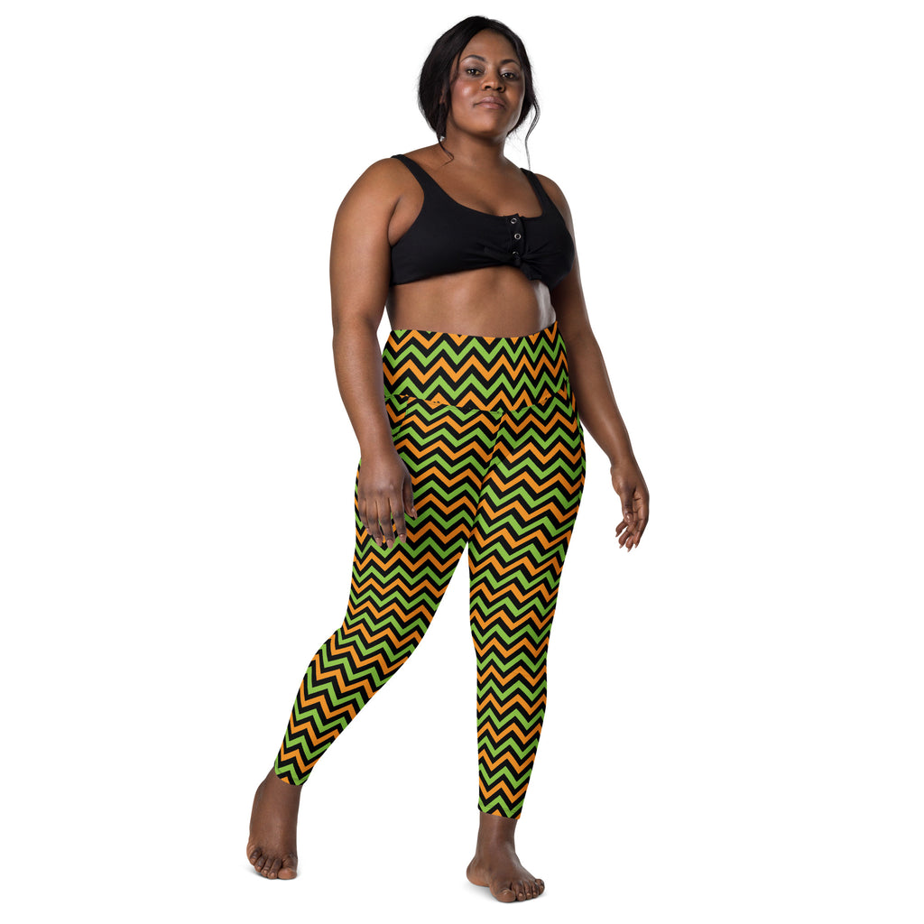 Women’s Orange Green & Black Chevron Halloween Yoga Leggings With Pockets – High-Waisted, Soft Compression Active Pants