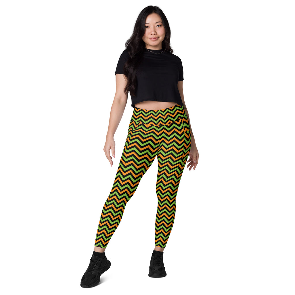 Women’s Orange Green & Black Chevron Halloween Yoga Leggings With Pockets – High-Waisted, Soft Compression Active Pants