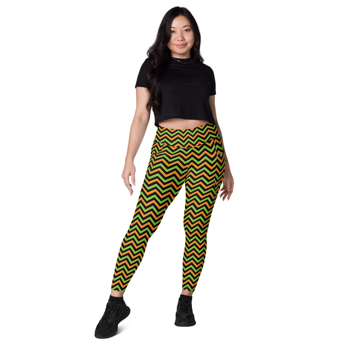 Women’s Orange Green & Black Chevron Halloween Yoga Leggings With Pockets – High-Waisted, Soft Compression Active Pants