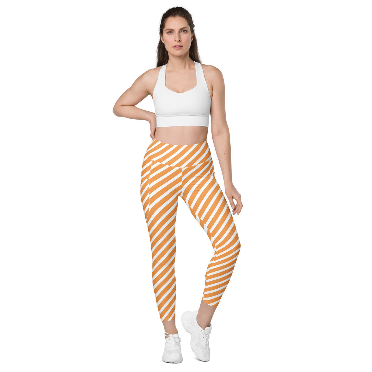 Women’s Orange & White Striped Yoga Leggings With Pockets – High-Waisted, Soft Compression Active Pants