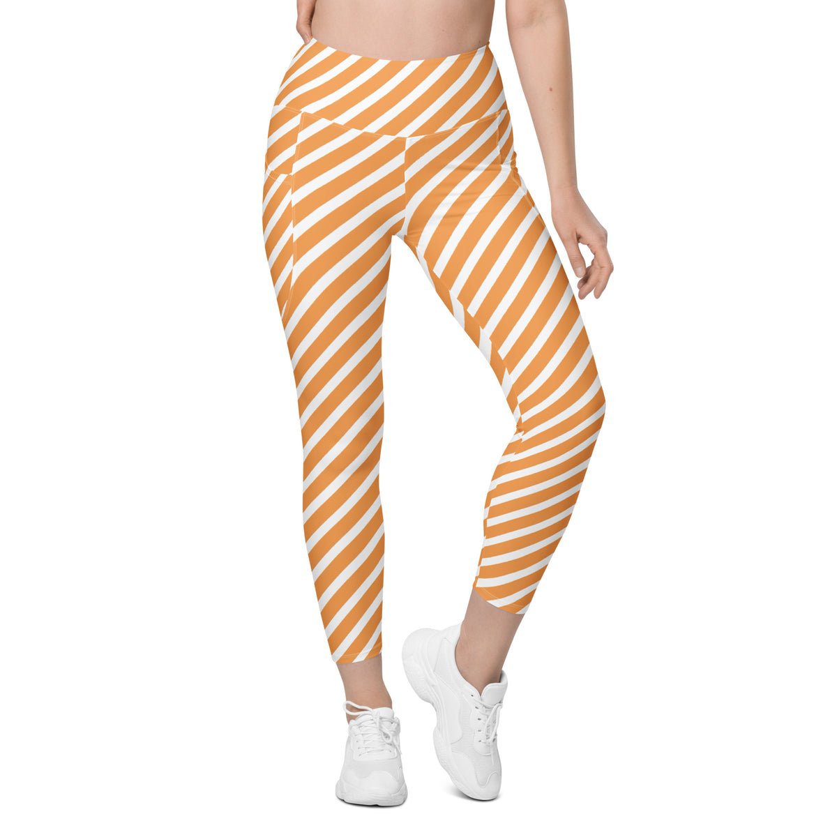 Women’s Orange & White Striped Yoga Leggings With Pockets – High-Waisted, Soft Compression Active Pants