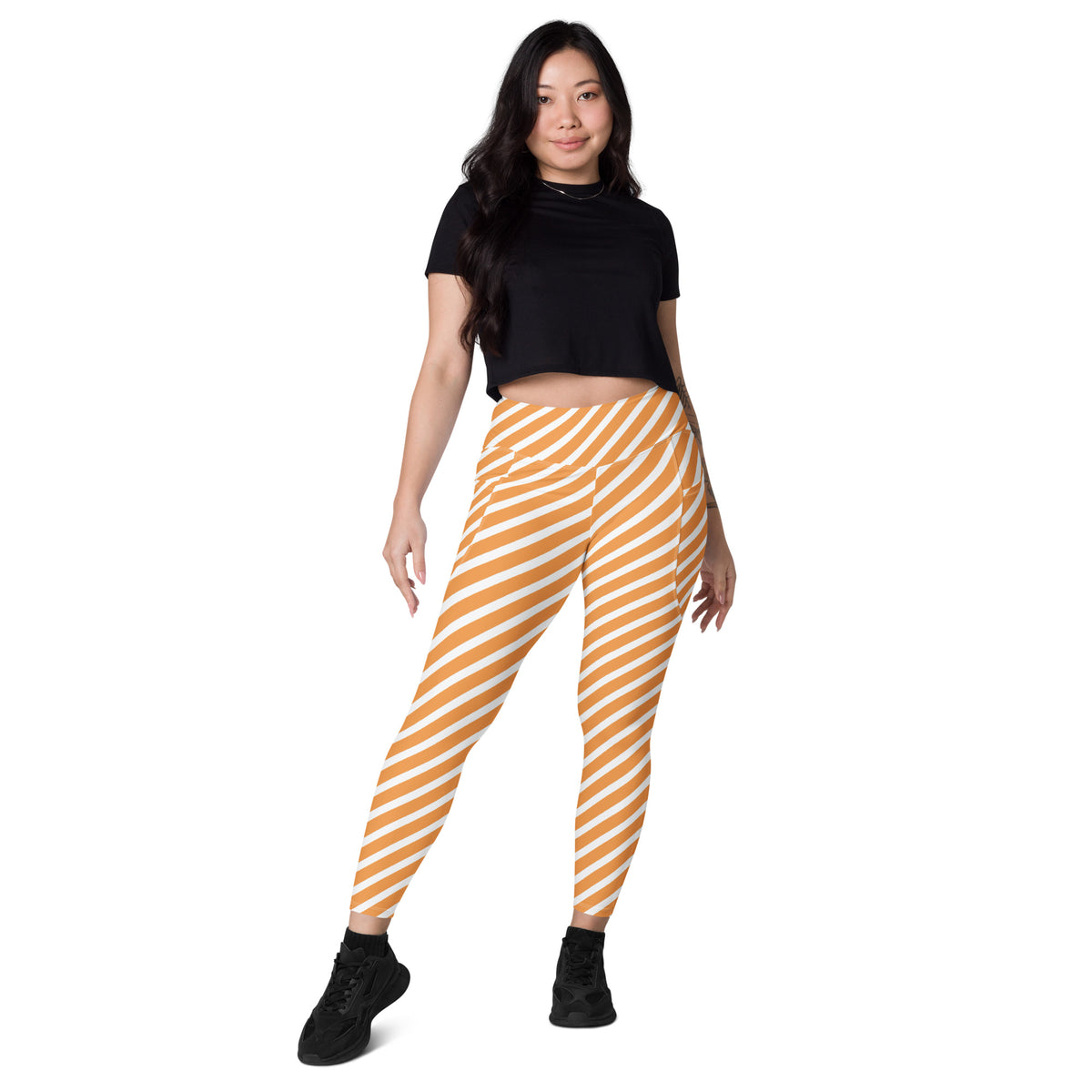 Women’s Orange & White Striped Yoga Leggings With Pockets – High-Waisted, Soft Compression Active Pants