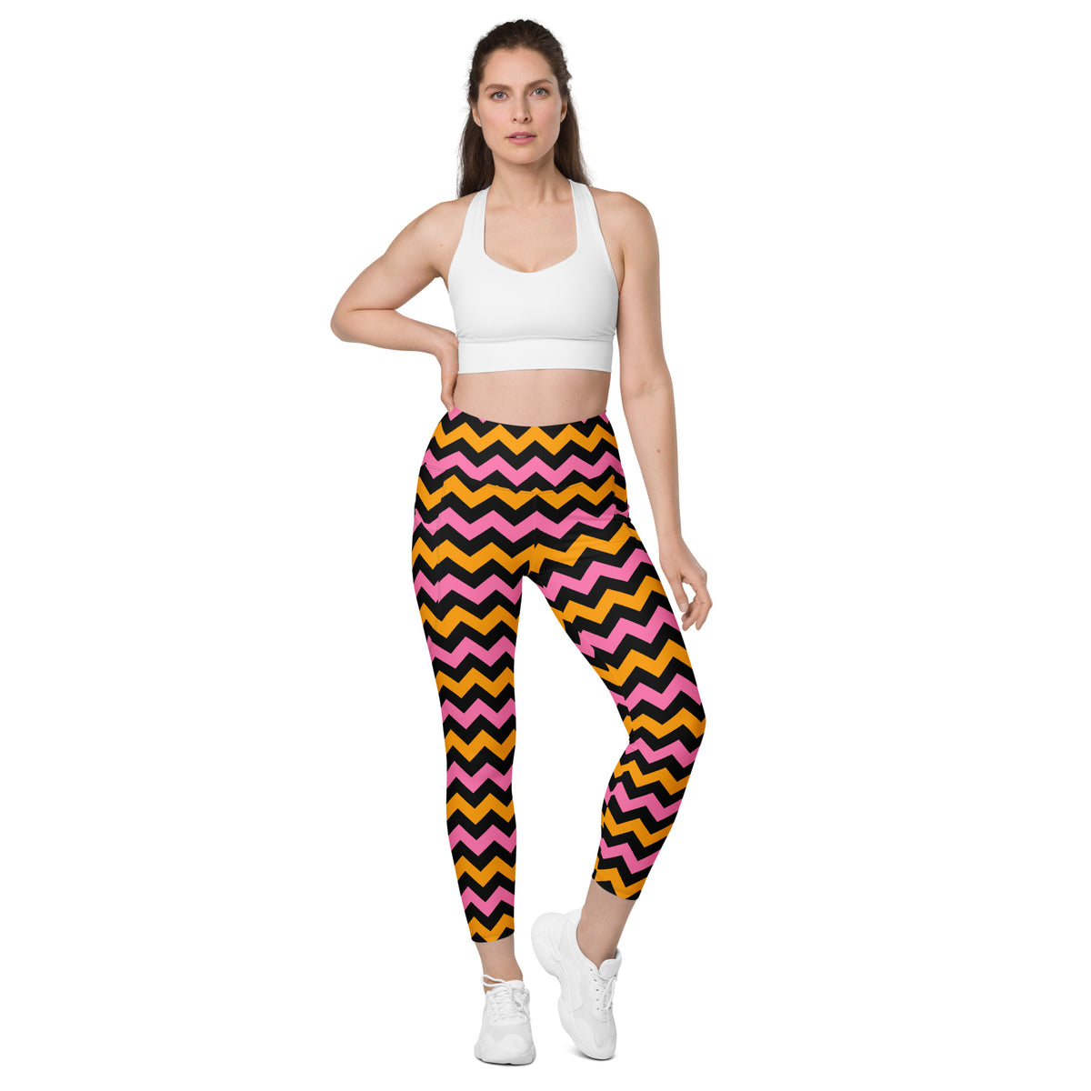 Women’s Pink & Orange Chevron Halloween Yoga Leggings With Pockets – High-Waisted, Soft Compression Active Pants