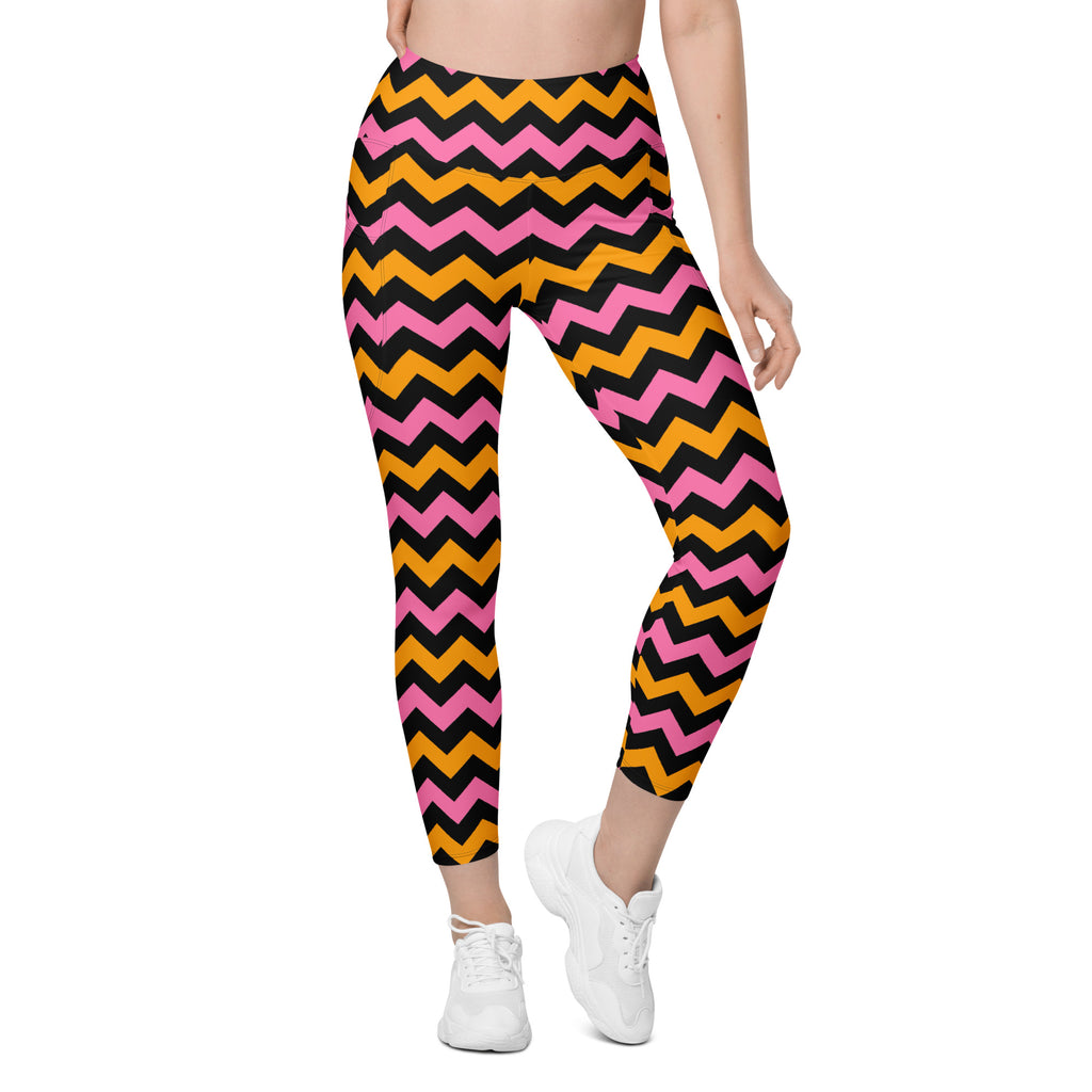 Women’s Pink & Orange Chevron Halloween Yoga Leggings With Pockets – High-Waisted, Soft Compression Active Pants
