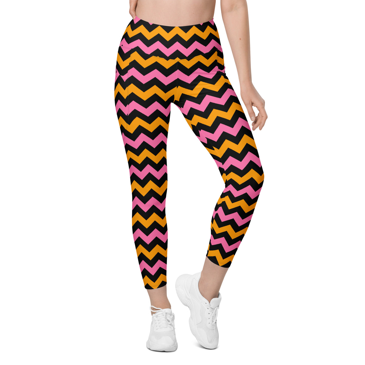 Women’s Pink & Orange Chevron Halloween Yoga Leggings With Pockets – High-Waisted, Soft Compression Active Pants