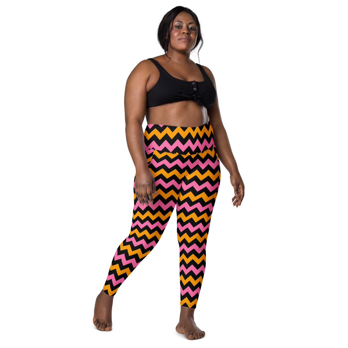 Women’s Pink & Orange Chevron Halloween Yoga Leggings With Pockets – High-Waisted, Soft Compression Active Pants