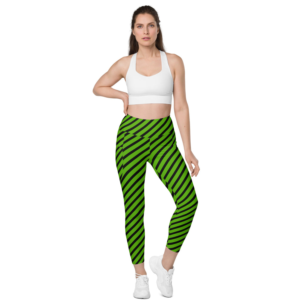 Women’s Green Striped Halloween Yoga Leggings With Pockets – High-Waisted, Soft Compression Active Pants