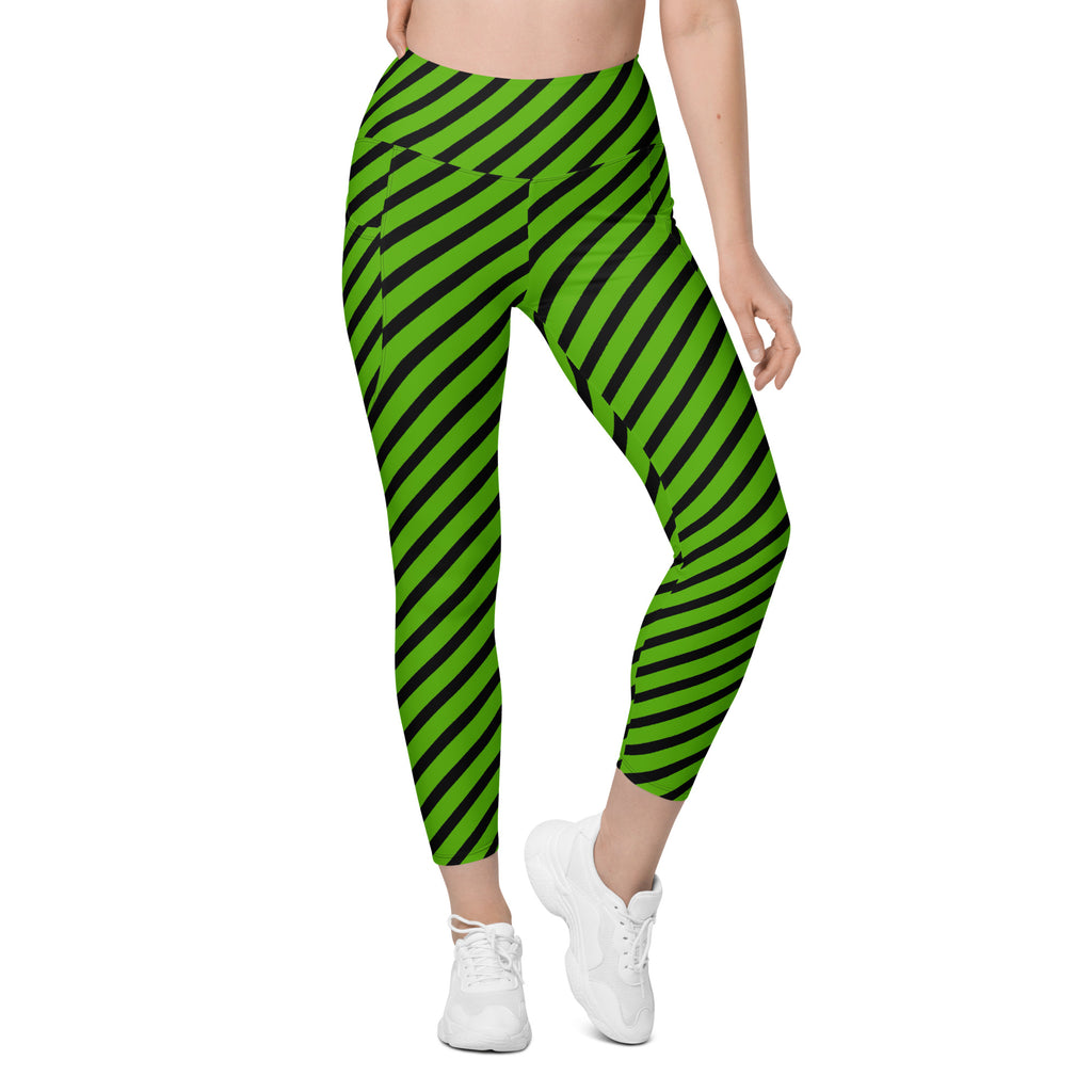 Women’s Green Striped Halloween Yoga Leggings With Pockets – High-Waisted, Soft Compression Active Pants