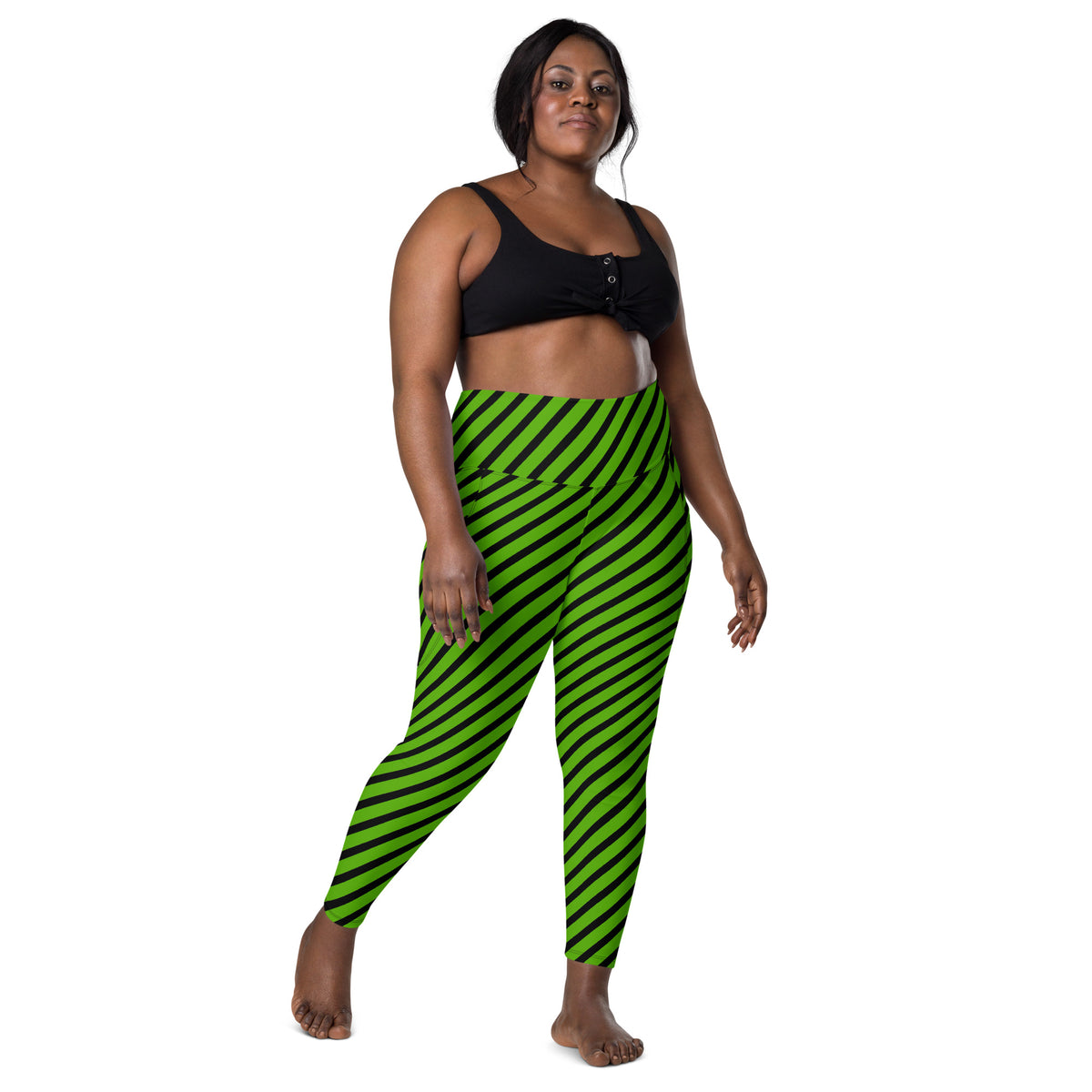 Women’s Green Striped Halloween Yoga Leggings With Pockets – High-Waisted, Soft Compression Active Pants