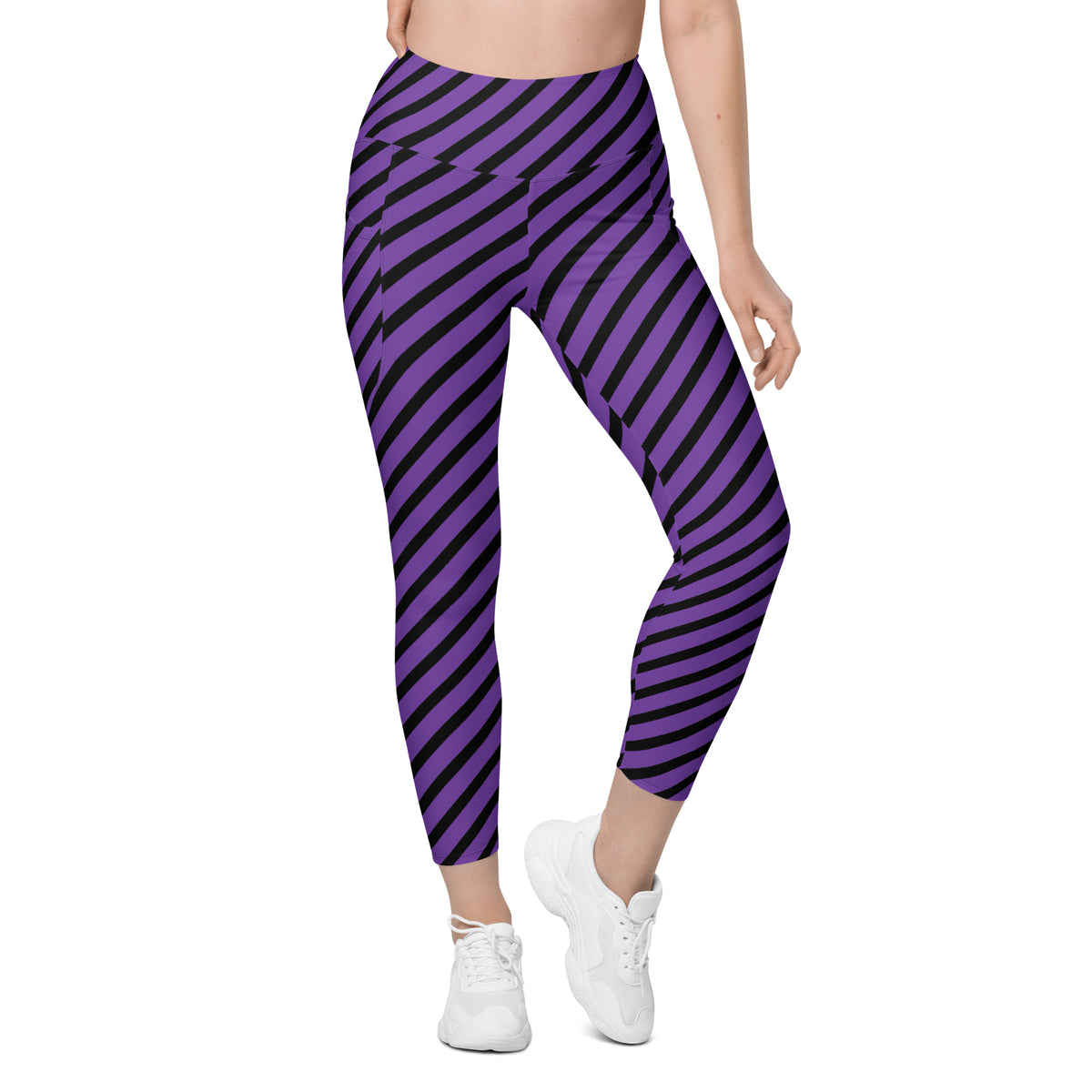 Women’s Purple Striped Halloween Yoga Leggings With Pockets – High-Waisted, Soft Compression Active Pants