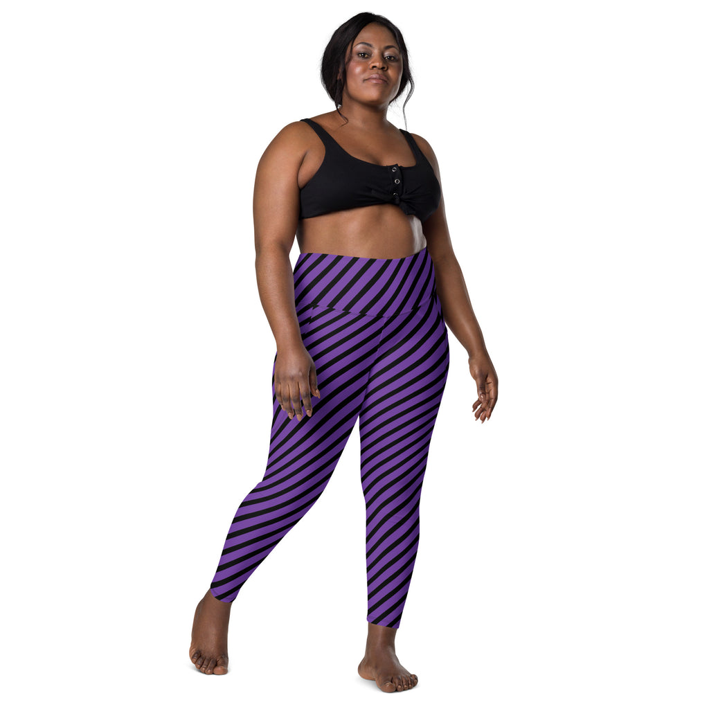 Women’s Purple Striped Halloween Yoga Leggings With Pockets – High-Waisted, Soft Compression Active Pants