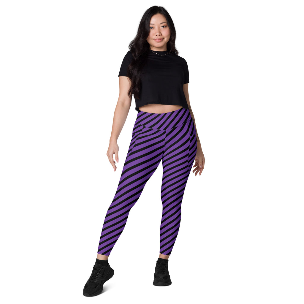 Women’s Purple Striped Halloween Yoga Leggings With Pockets – High-Waisted, Soft Compression Active Pants