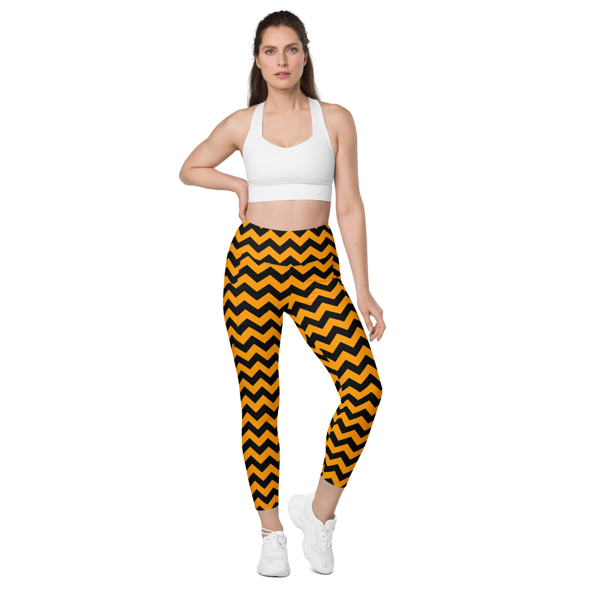 Women’s Orange Chevron Halloween Yoga Leggings With Pockets – High-Waisted, Soft Compression Active Pants