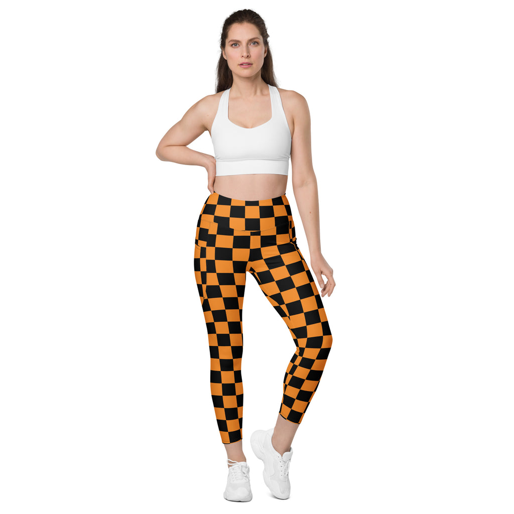 Women’s Orange Checkered Halloween Yoga Leggings With Pockets – High-Waisted, Soft Compression Active Pants