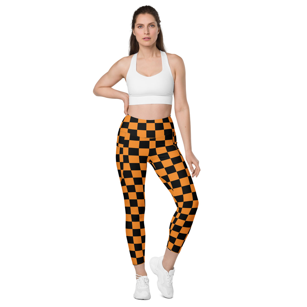 Women’s Orange Checkered Halloween Yoga Leggings With Pockets – High-Waisted, Soft Compression Active Pants