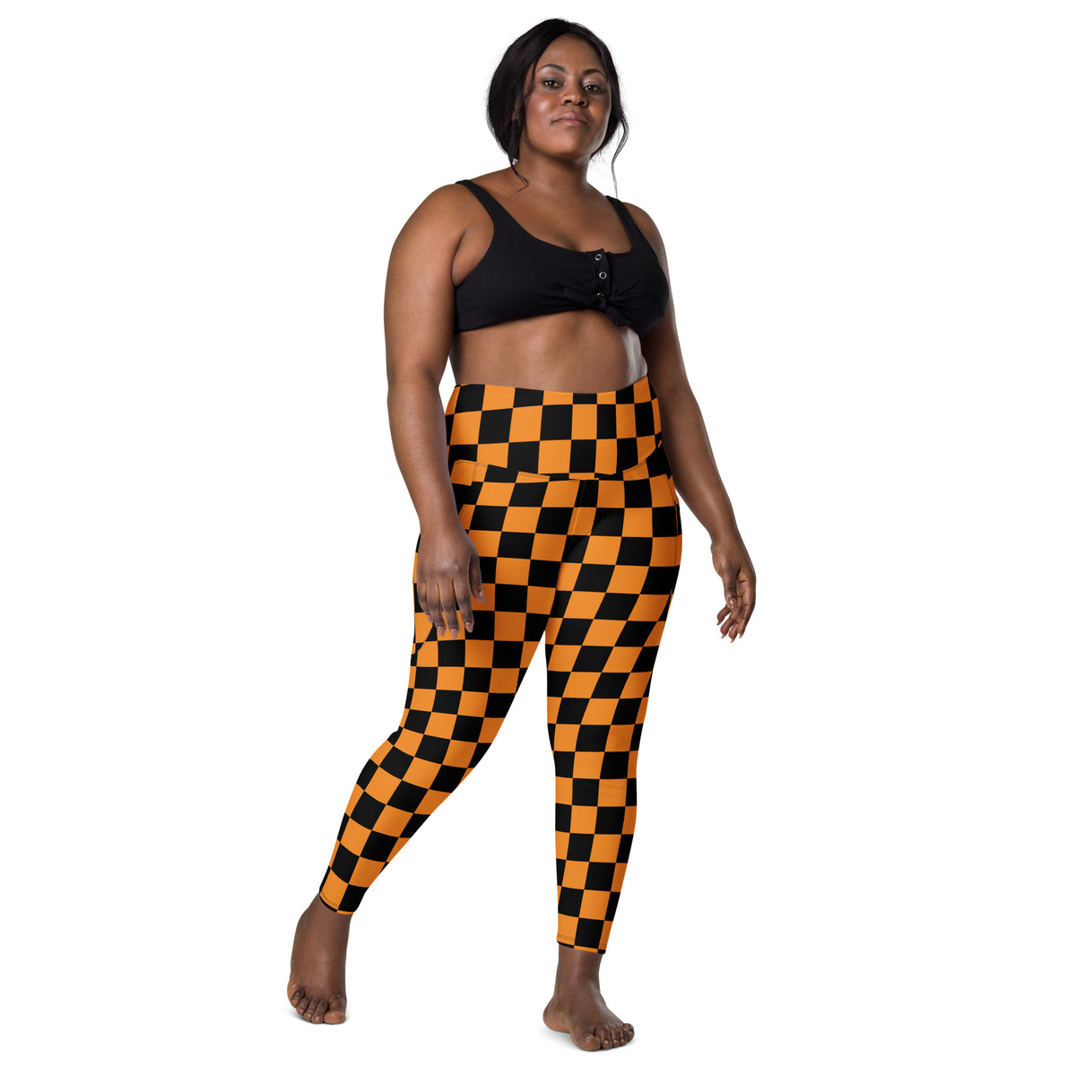 Women’s Orange Checkered Halloween Yoga Leggings With Pockets – High-Waisted, Soft Compression Active Pants