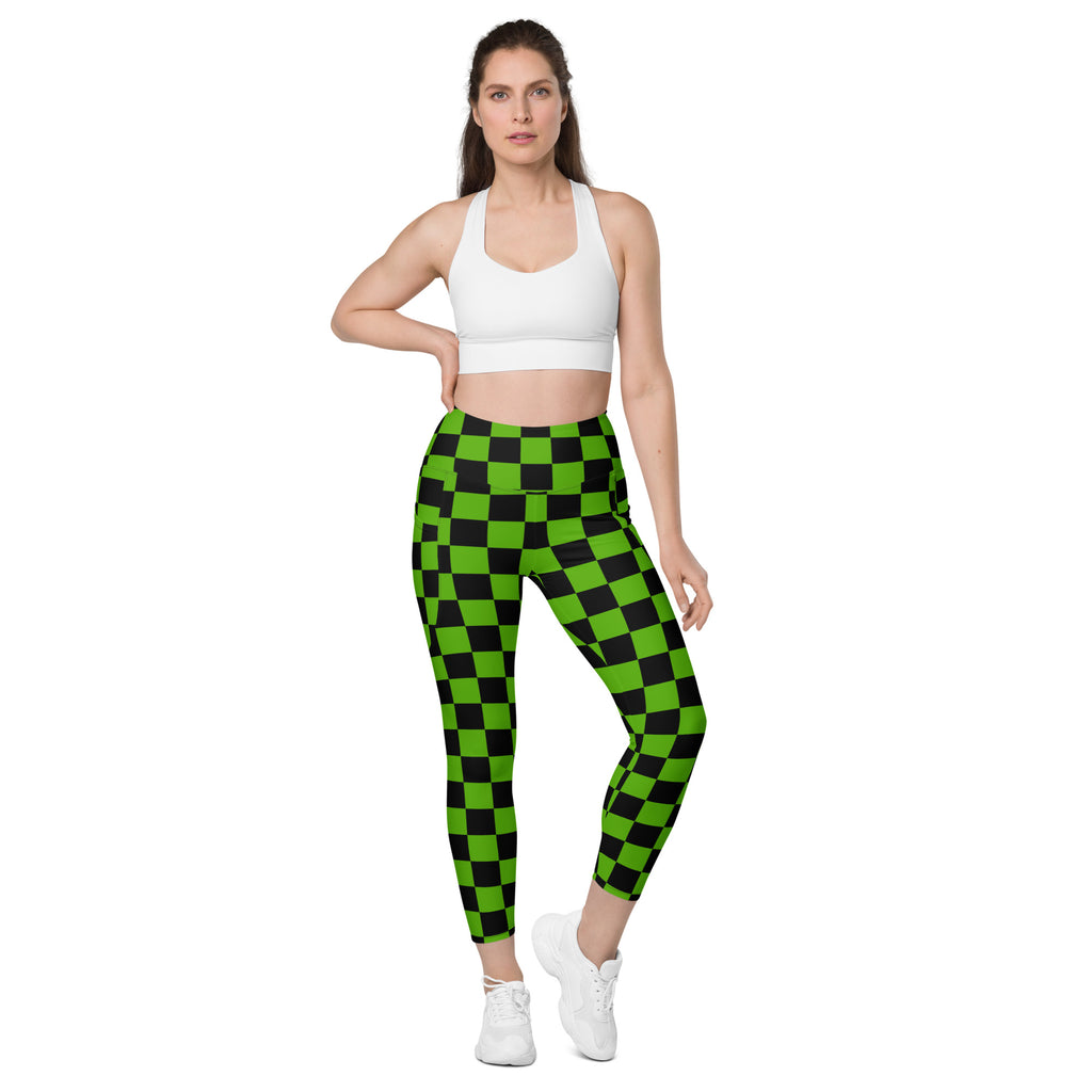 Women’s Green Checkered Halloween Yoga Leggings With Pockets – High-Waisted, Soft Compression Active Pants