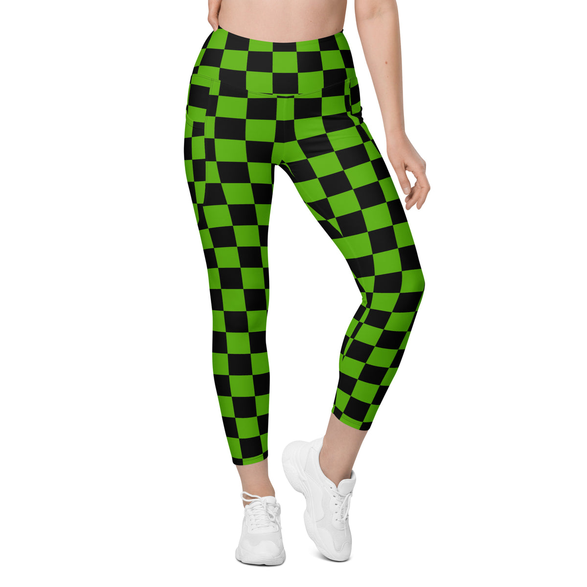 Women’s Green Checkered Halloween Yoga Leggings With Pockets – High-Waisted, Soft Compression Active Pants