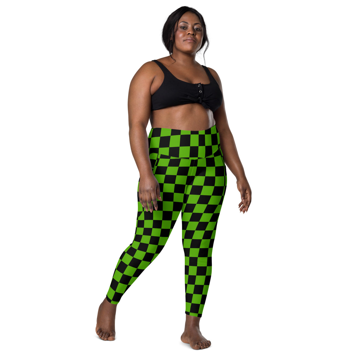 Women’s Green Checkered Halloween Yoga Leggings With Pockets – High-Waisted, Soft Compression Active Pants