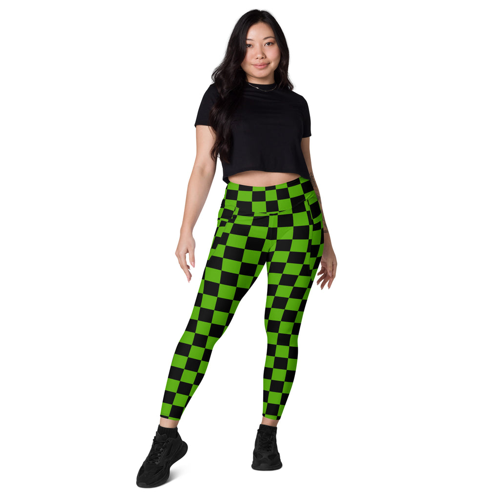 Women’s Green Checkered Halloween Yoga Leggings With Pockets – High-Waisted, Soft Compression Active Pants