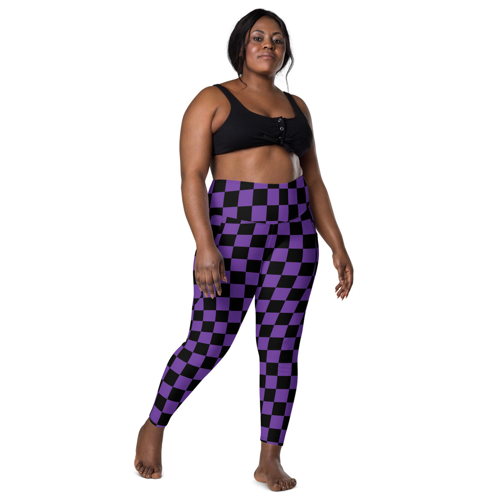 Women’s Purple Checkered Halloween Yoga Leggings With Pockets – High-Waisted, Soft Compression Active Pants