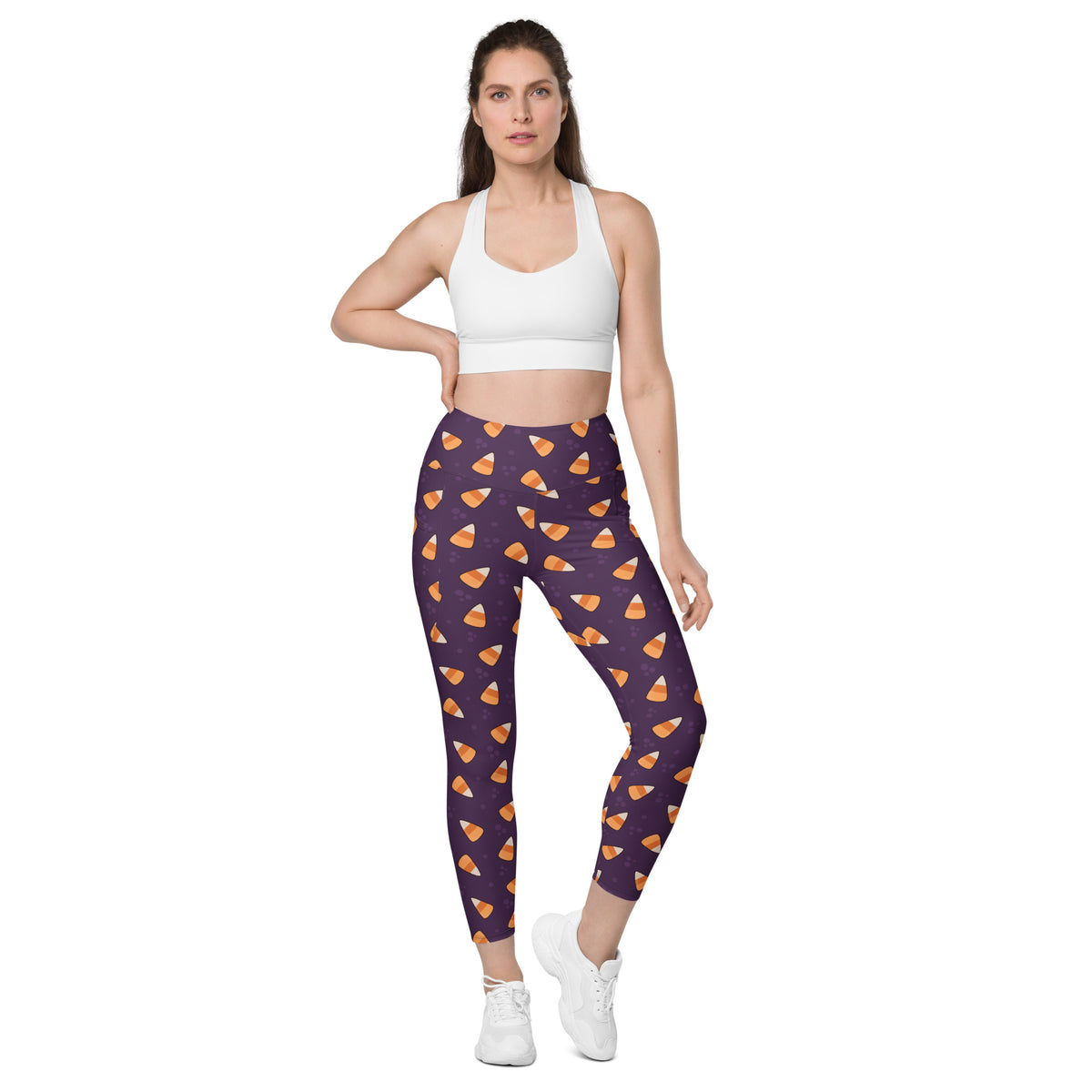 Women’s Purple Candy Corn Halloween Yoga Leggings With Pockets – High-Waisted, Soft Compression Active Pants