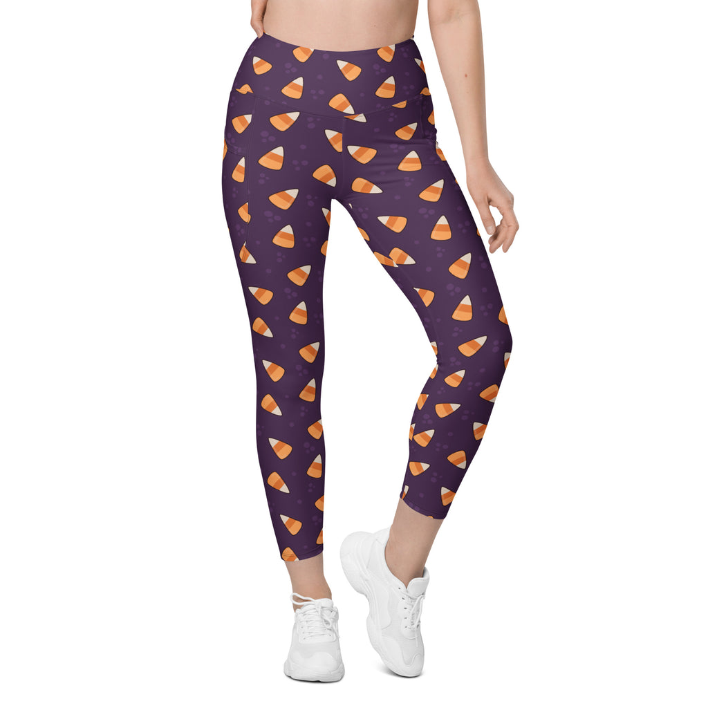 Women’s Purple Candy Corn Halloween Yoga Leggings With Pockets – High-Waisted, Soft Compression Active Pants