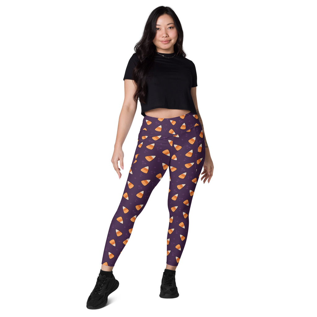 Women’s Purple Candy Corn Halloween Yoga Leggings With Pockets – High-Waisted, Soft Compression Active Pants