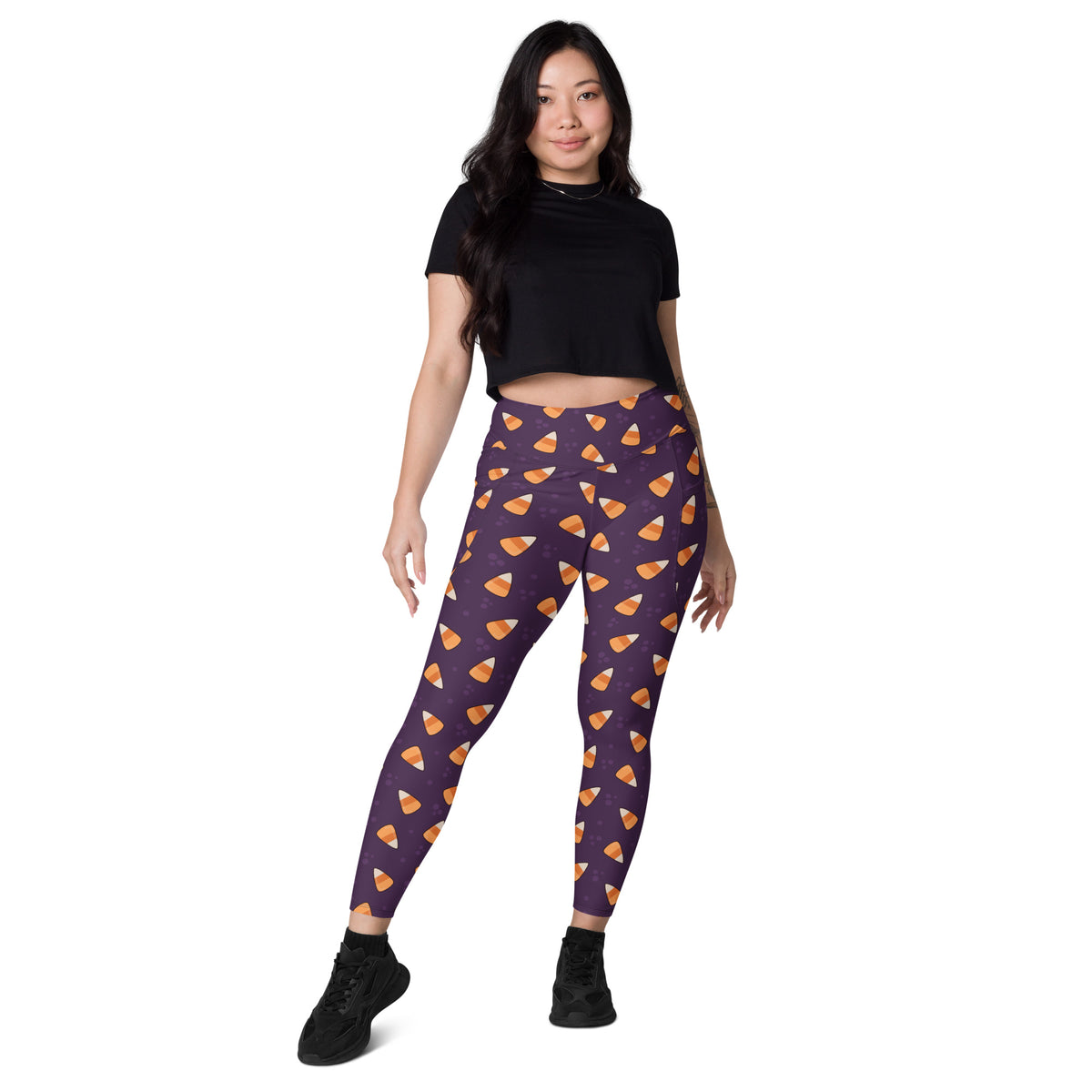 Women’s Purple Candy Corn Halloween Yoga Leggings With Pockets – High-Waisted, Soft Compression Active Pants
