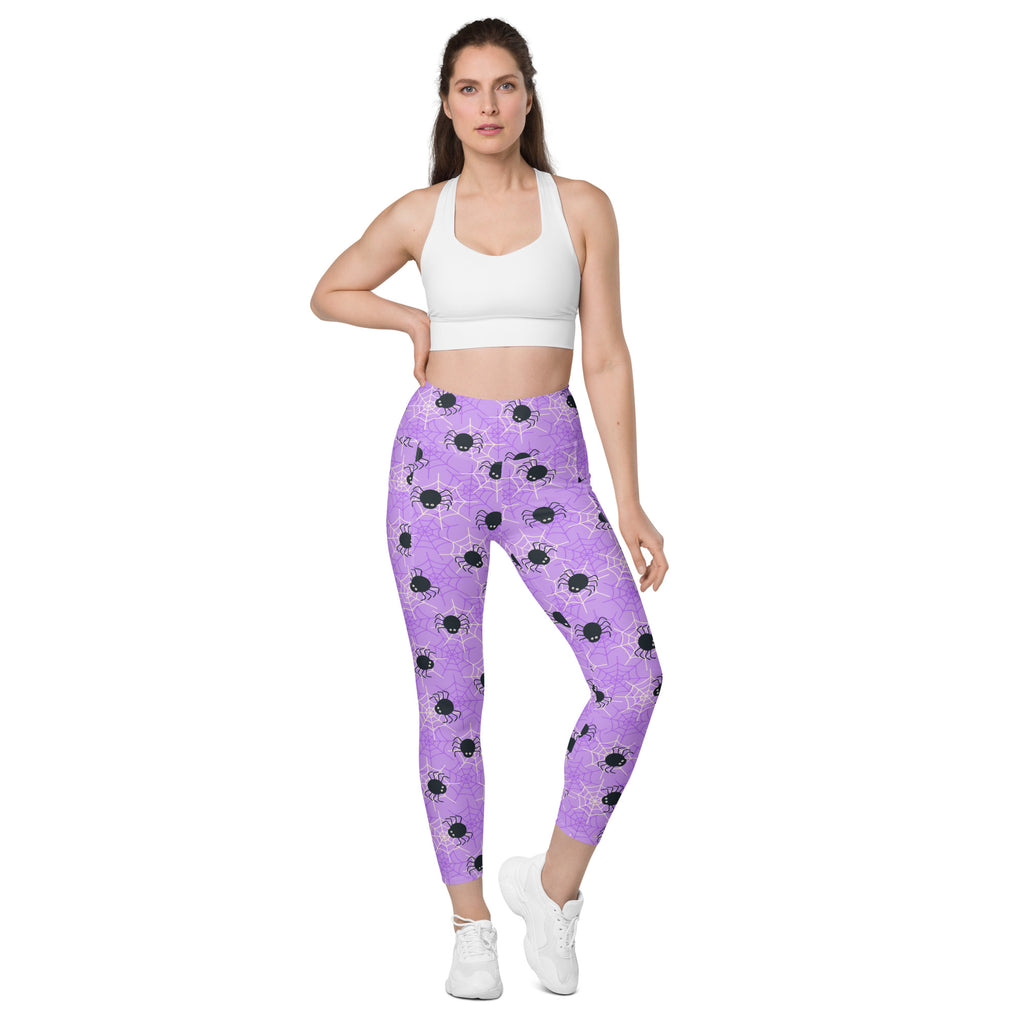 Women’s Purple Spider Web Halloween Yoga Leggings With Pockets – High-Waisted, Soft Compression Active Pants