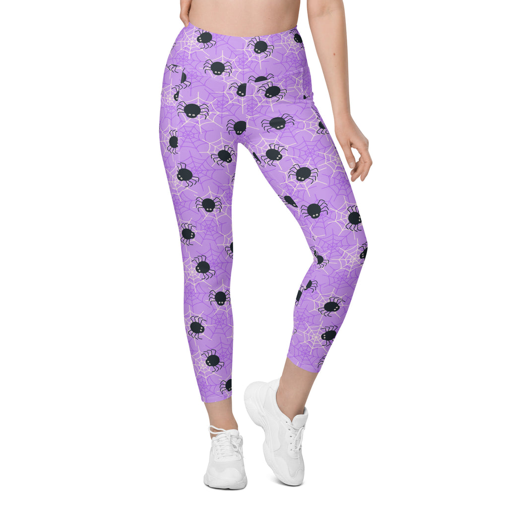 Women’s Purple Spider Web Halloween Yoga Leggings With Pockets – High-Waisted, Soft Compression Active Pants