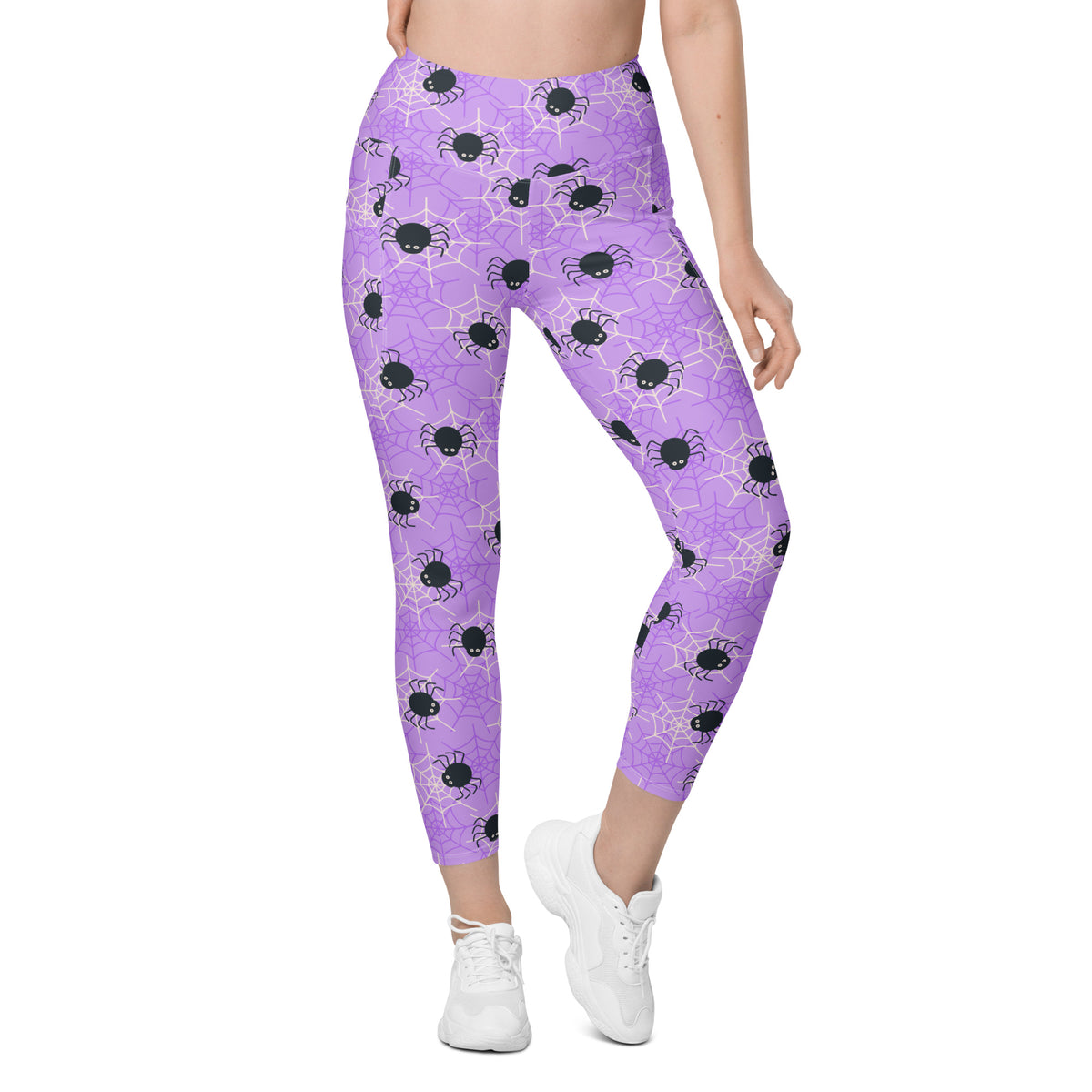 Women’s Purple Spider Web Halloween Yoga Leggings With Pockets – High-Waisted, Soft Compression Active Pants