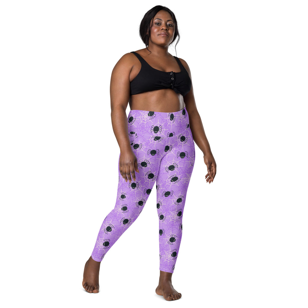 Women’s Purple Spider Web Halloween Yoga Leggings With Pockets – High-Waisted, Soft Compression Active Pants