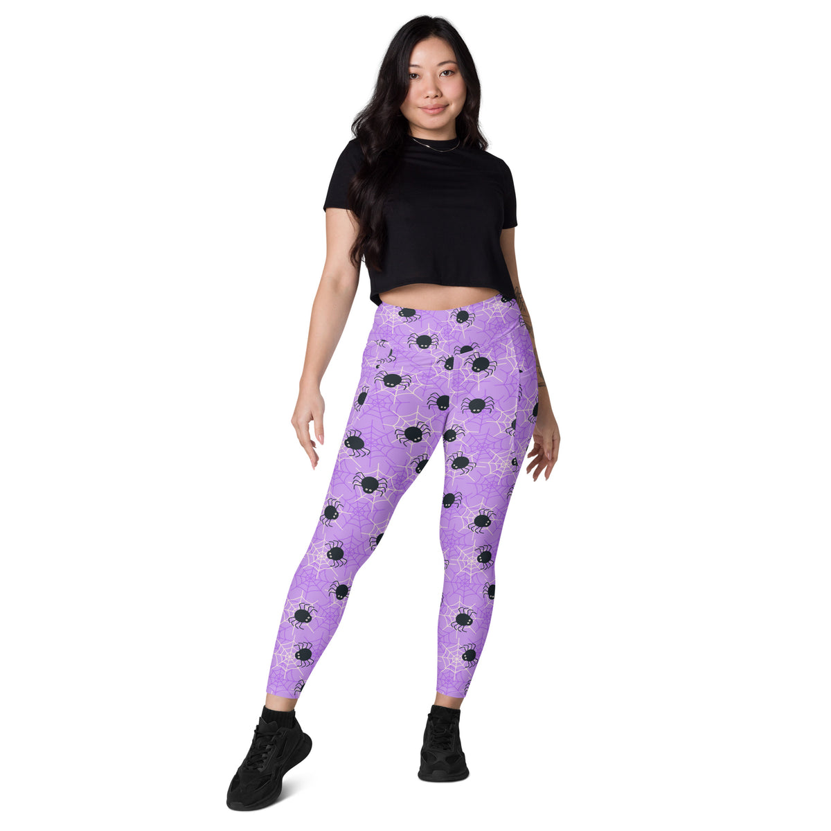 Women’s Purple Spider Web Halloween Yoga Leggings With Pockets – High-Waisted, Soft Compression Active Pants