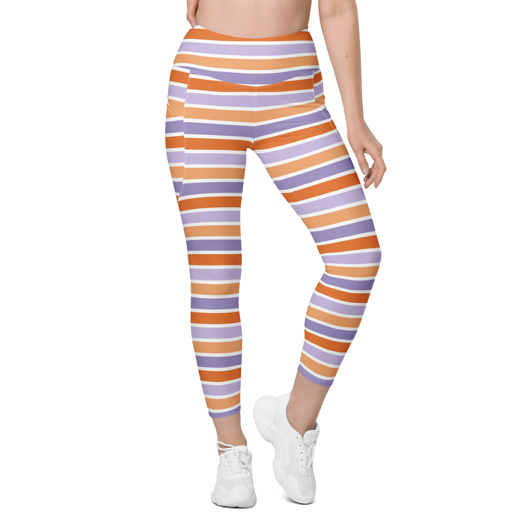Women’s Orange Purple Striped Candy Cane Halloween Yoga Leggings With Pockets – High-Waisted, Soft Compression Active Pants