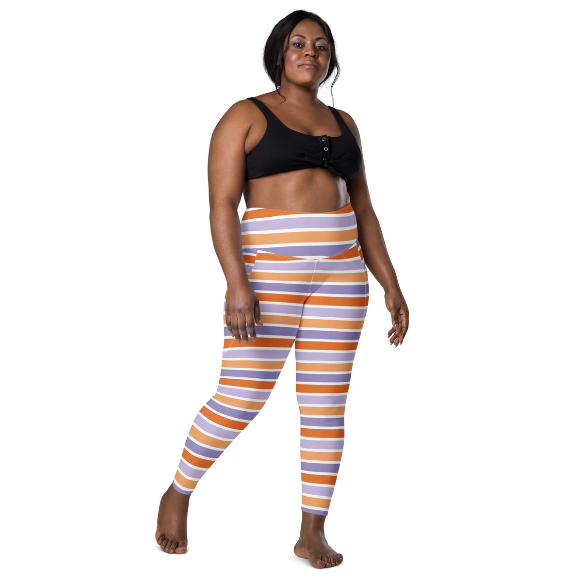 Women’s Orange Purple Striped Candy Cane Halloween Yoga Leggings With Pockets – High-Waisted, Soft Compression Active Pants
